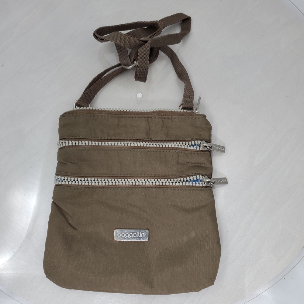 Baggallini Triple Zip Bagg Brown Nylon Small Crossbody Travel Bag Blue Lining